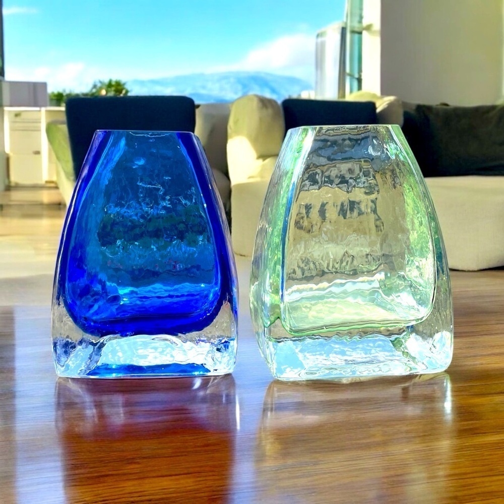 Set of 2 art glass vases, unsigned, handmade, no chips or cracks, mid-century